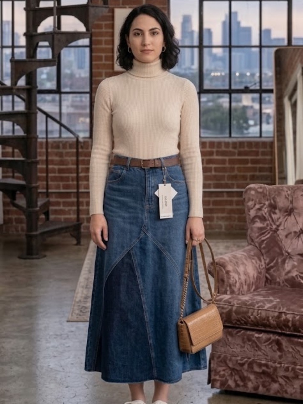 NWT MOUSSY VINTAGE Selvedge Denim Skirt 27 Two-Tone Panel Flare Midi Japan
EE